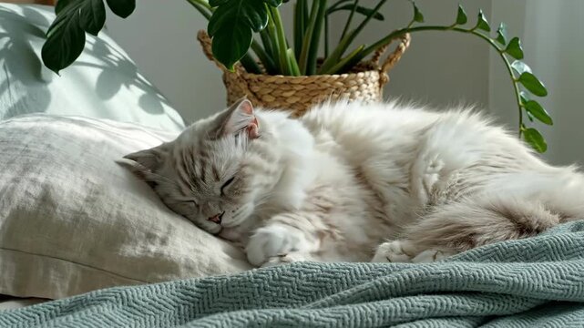Peaceful Slumber Of A Siberian Cat On Bed In Bright Sunny Morning