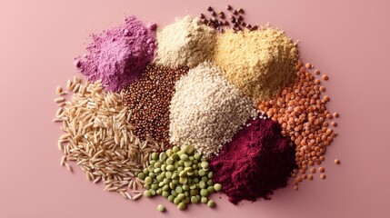 A vibrant assortment of grains and legumes is beautifully arranged, featuring shades of pink, brown, and green. This collection highlights the natural beauty and nutritional power of whole foods