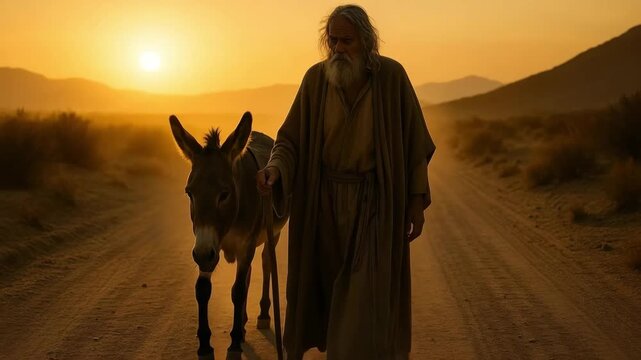 An old biblical prophet walking with a donkey on a desert road at sunset. A spiritual journey through the wilderness. Ancient history and faith concept