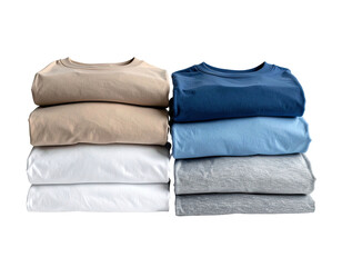 Stacked neutral, blue tee shirts; folded neatly