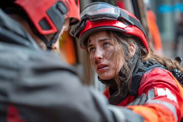 A female paramedic, wearing helmet, is assisting person from difficult to access area during emergency