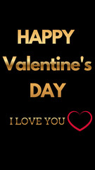 Luxury vertical greeting card with gold text Happy Valentine's Day and I Love You, outline red heart on black background. Vertical Valentine's Day card design
