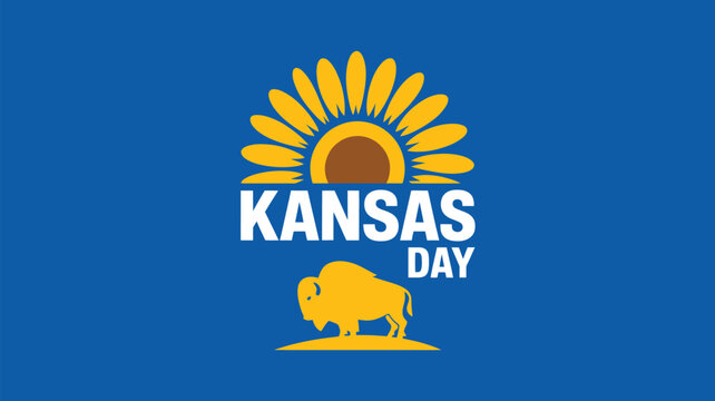 kansas day celebration illustration with sunflower and buffalo silhouette symbolizing state pride on blue background