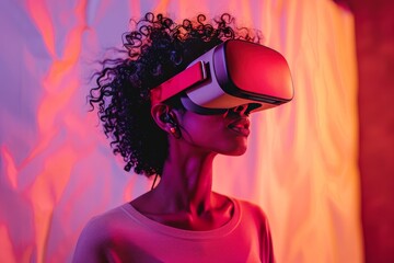 Immersed in a digital world, a young woman experiences virtual reality with a vr headset and earphones, bathed in vibrant neon light