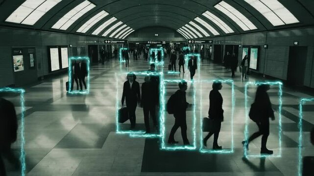 Futuristic surveillance system monitoring people in a modern underground station with advanced tracking