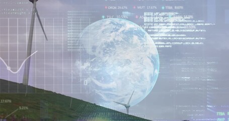 Animation of financial data processing over earth and wind turbine - Powered by Adobe