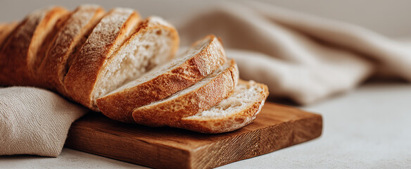 Sliced artisanal sourdough bread on a rustic wooden cutting board with a linen napkin, healthy breakfast and natural bakery concept for food photography and culinary blog