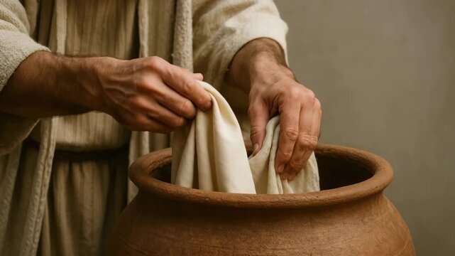 A biblical reenactment of Jesus washing a cloth over a clay pot. Close-up of hands in a historical robe. The concept of humility and service
