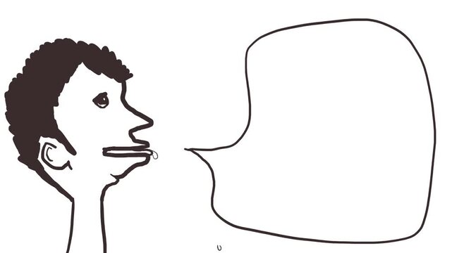 A funny cartoon character opens his mouth and says something. He's drooling and has a huge tongue.