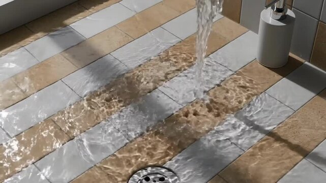 Pouring Water On Tiled Surface And Into Drain With Beige And White Striped Tile Background