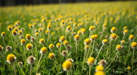 Fototapeta premium A field is filled with bright yellow wildflowers and green grass, with soft focus