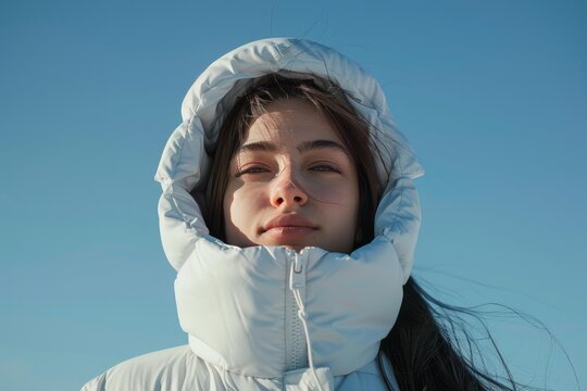 Portrait of a serene young woman wearing a white puffer jacket against clear blue sky, embracing the tranquility of a winter day