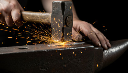 Blacksmith hitting a hammer on an anvil creates bright sparks while forging metal. Hard work by a professional craftsman shaping hot steel and iron in a dark industrial workshop with manual skill.