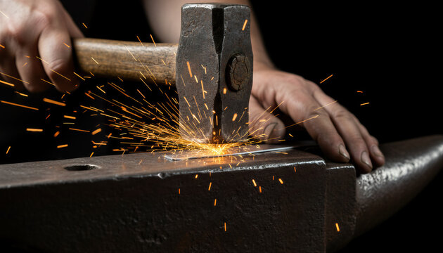 Blacksmith hitting a hammer on an anvil creates bright sparks while forging metal. Hard work by a professional craftsman shaping hot steel and iron in a dark industrial workshop with manual skill. - Powered by Adobe