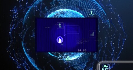 Animation of network of connections with icons and shapes on blue background - Powered by Adobe
