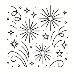 Obraz premium Vector line art of abstract fireworks and celebration shapes, thin monoline strokes, modern