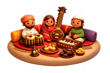 Cultural music gathering with traditional instruments and food for easter design