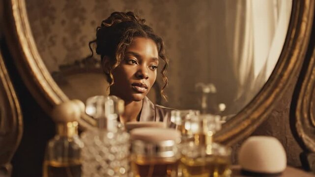 Woman gazing into ornate mirror with perfume bottles on a vanity table reflecting luxury and elegance