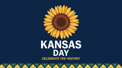 Fototapeta premium kansas day celebration illustration with sunflower symbol and festive typography on dark blue background honoring state history