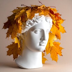 A classical plaster bust, crowned with vibrant autumnal maple leaves, sits against a neutral-toned backdrop