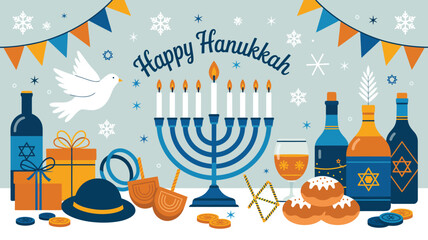 happy hanukkah festival illustration with menorah candles gifts wine bread and traditional jewish symbols in festive flat design
