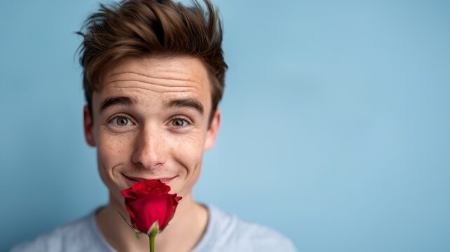 Mann h&auml;lt rote Blume vor Gesicht gegen blauen Hintergrund in kreativer Pose