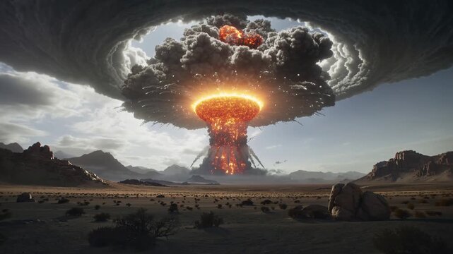 Nuclear bomb exploding with a massive mushroom cloud over the desert