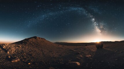 Obraz premium Stunning Night Sky with Milky Way at Dawn Over Rugged Terrain in Desert Landscape