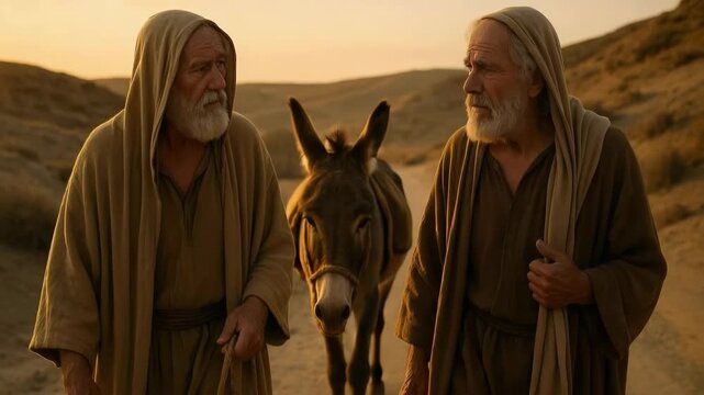 Two elderly men in historical robes walking with a donkey through the desert at sunset. Biblical prophets on a long journey through the holy land. Faith and religion concept