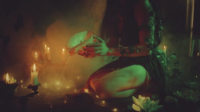 hands close up body part, river nymph fantasy woman pours water from sea shell into dark lake black night fog magic light green lily flower. sexy fairy elf girl dress ivy leaf. Aquarius Zodiac Sign