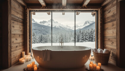 A luxurious freestanding bathtub faces snowy mountain peaks through a large window, surrounded by candlelight in a rustic cabin, evoking winter relaxation, spa comfort, and serene escape.