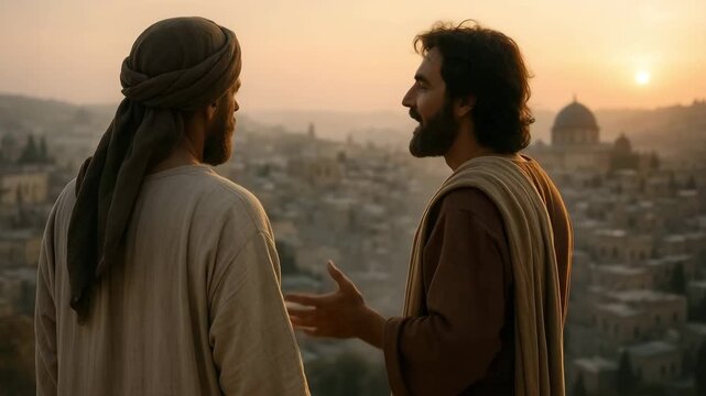 Jesus talking with a disciple overlooking ancient Jerusalem at sunset. A biblical scene of teaching and conversation. Religious faith and history concept