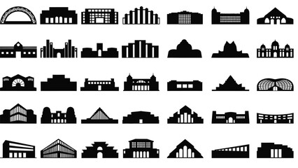 Obraz premium Collection of various city skylines and building silhouettes white for design and architecture projects Silhouette vector on whit Background