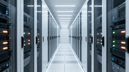 Modern Data Center Corridor with Symmetrical Design, High Tech Infrastructure