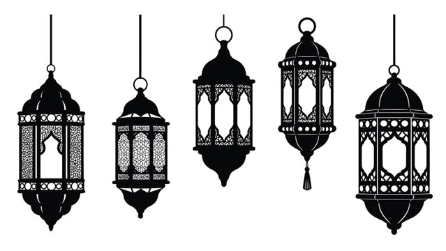 Black hanging lanterns with intricate designs white with ornate and ramadan and eid and islamic and arabic Silhouette vector on whit Background