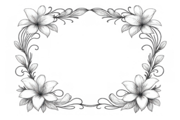 Hand-drawn botanical frame with elegant lilies and leaves in a sketch style, perfect for vintage design on transparent background