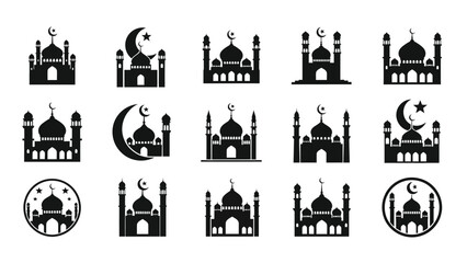 Black graphics of mosques with crescent moons and stars white for islamic design elements with ramadan and eid Silhouette vector on whit Background