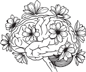 Flourishing Mind with Blooming Flowers. Black and White Brain and Nature Harmony Line Art