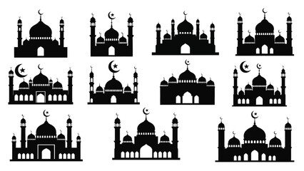 Collection of mosque silhouettes with crescent moons white for islamic designs and ramadan celebrations Silhouette vector on whit Background