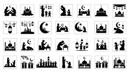Ramadan kareem icons set with silhouettes of people praying mosques crescent moon stars lanterns and gifts white Silhouette vector on whit Background