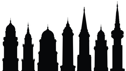 of multiple mosque minarets and domes white for architecture and religion concepts with islam and faith Silhouette vector on whit Background