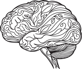 Intricate Line Art Brain Illustration. Abstract Swirls, Leaves & Neural Patterns for Creative Concepts