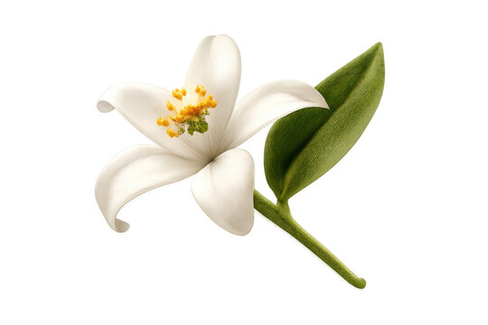 White orange blossom with green leaf and yellow stamens, blooming citrus neroli flower, transparent background