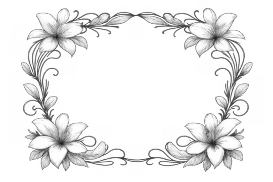 Hand-drawn botanical frame with elegant lilies and leaves in a sketch style, perfect for vintage design on transparent background - Powered by Adobe