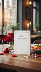 An elegant restaurant table set with a Valentine&rsquo;s Day menu, wine glasses, and romantic decor, creating an intimate dining atmosphere with warm light and refined style.