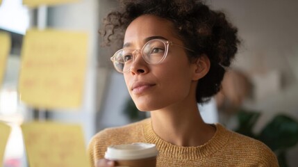 Close-up portrait of a young woman with curly hair and glasses. she is wearing a yellow sweater and is holding a coffee cup in her hand.