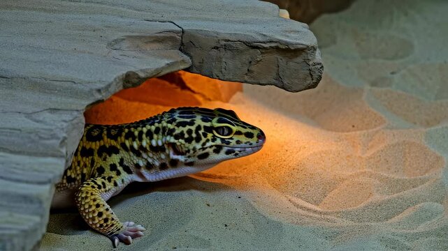 Leopard Gecko Peering From Sandstone Cave
