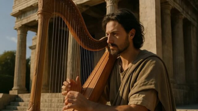 A man in historical robes playing a harp outdoors. An ancient musician performing in front of a classical temple at sunset. Biblical and mythological concept