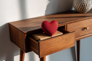 Red heart symbol on top of a brown paper gift box in an open drawer of a wooden console table, concept for romantic surprise and celebration of love or anniversary at home.