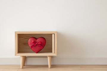 Red heart-shaped gift box with a ribbon bow placed inside a minimalist wooden side table against a white wall, conceptual home interior for Valentine's Day and romance